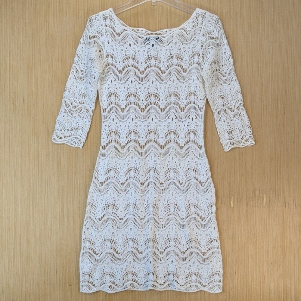 Lauren Ralph Lauren Womens White Crochet Lace Sheath Dress Size XS 3/4 Sleeve